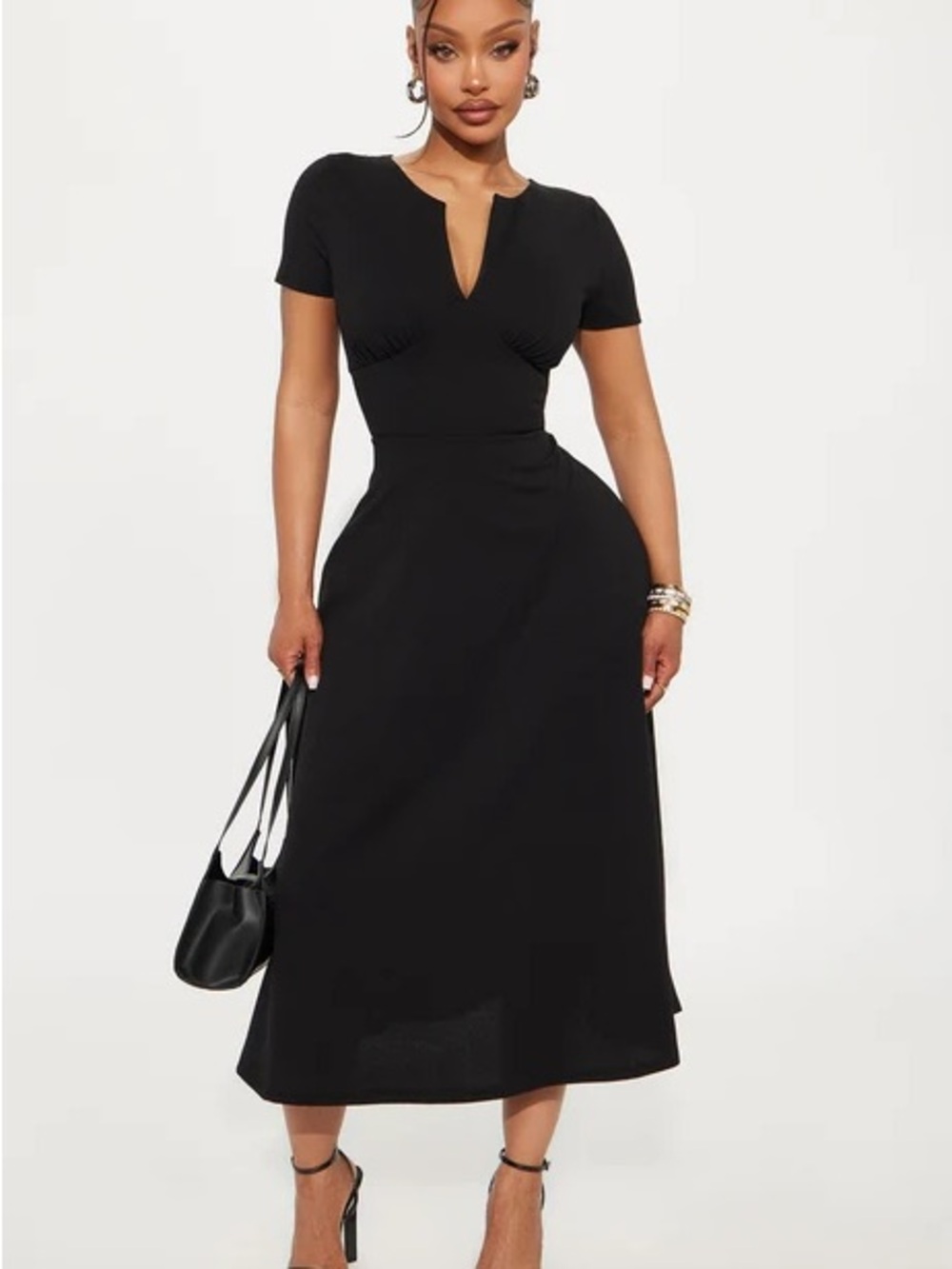 Classic Black V-Neck Midi Dress
